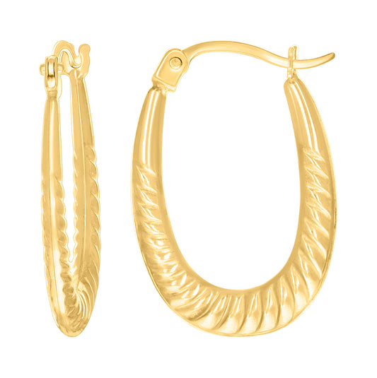 14K Yellow Gold Womens Patterned Oval Fashion Hoop Earrings