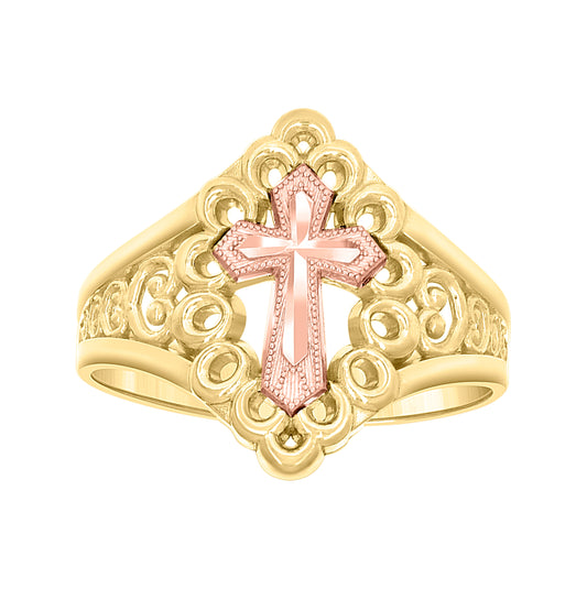 10K Two-tone Gold Womens Cross Religious Ring