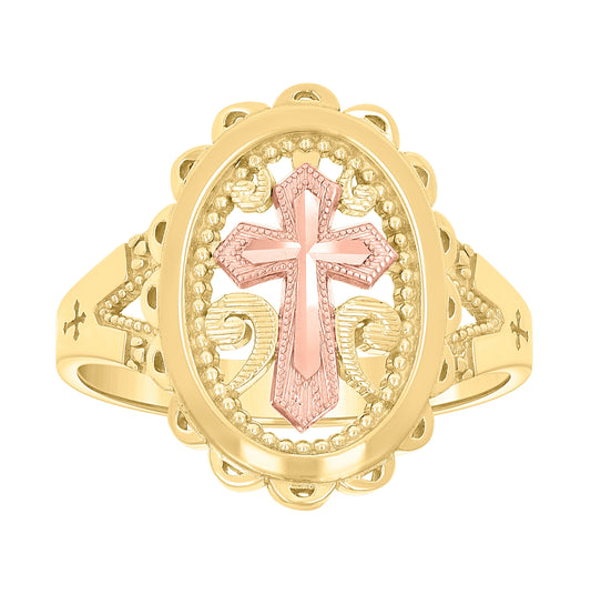 10K Two-tone Gold Womens Cross Religious Ring