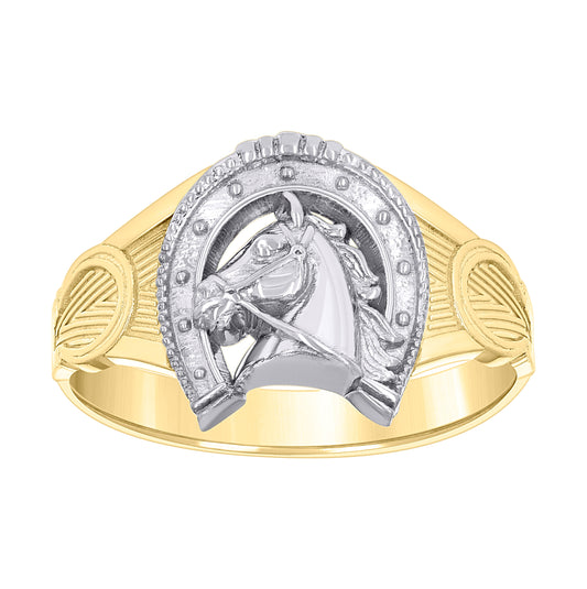10K Two-tone Gold Womens Horse Head Horseshoe Good Luck Ring