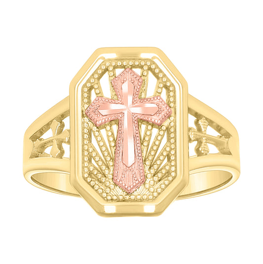 10K Two-tone Gold Womens Cross Religious Ring