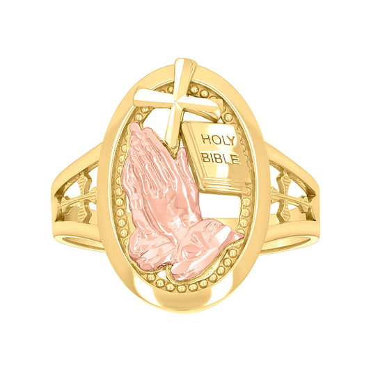 10K Two-tone Gold Womens Holy Bible Praying Hands Symbol Religious Ring