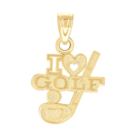 10K Yellow Gold Mens Heart I Love Golf Sports Charm Pendant