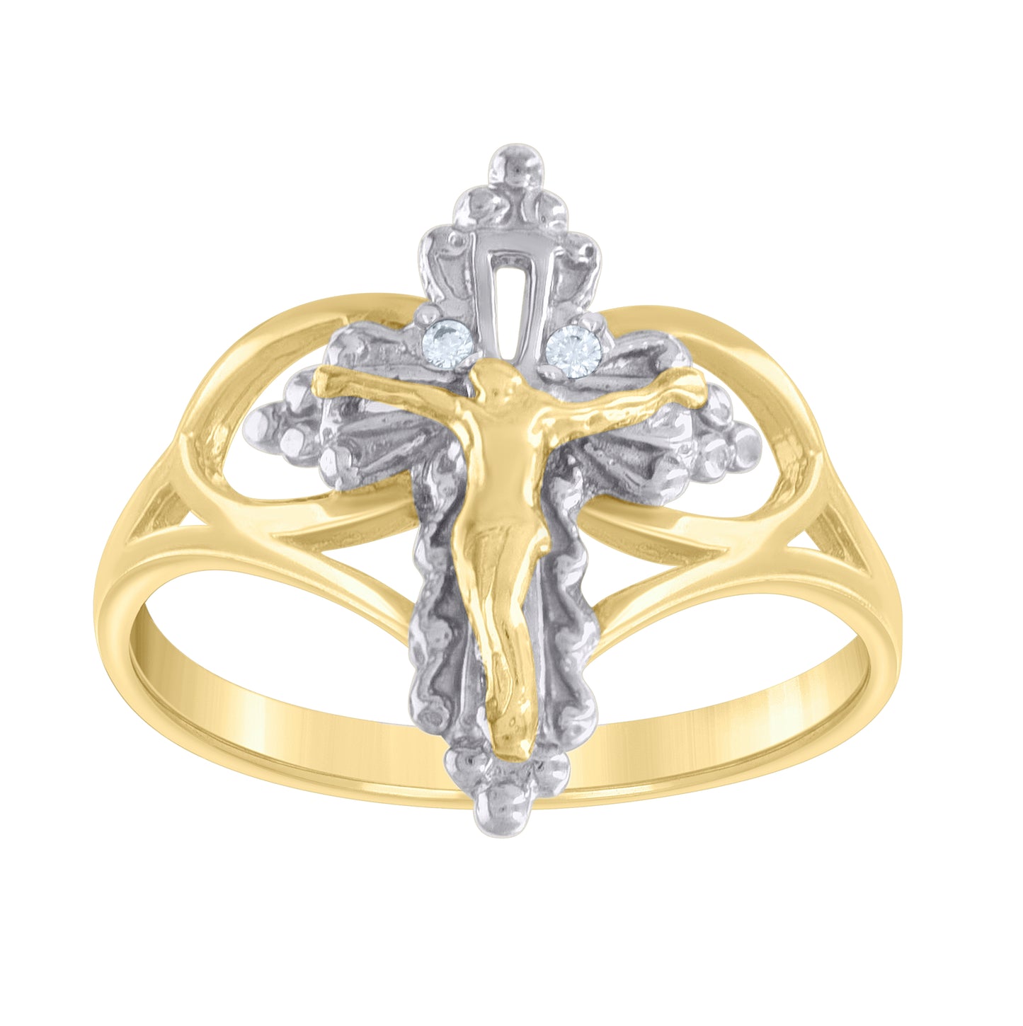 14K Two-tone Gold Womens Cubic-Zirconia Crucifix Cross Religious Ring
