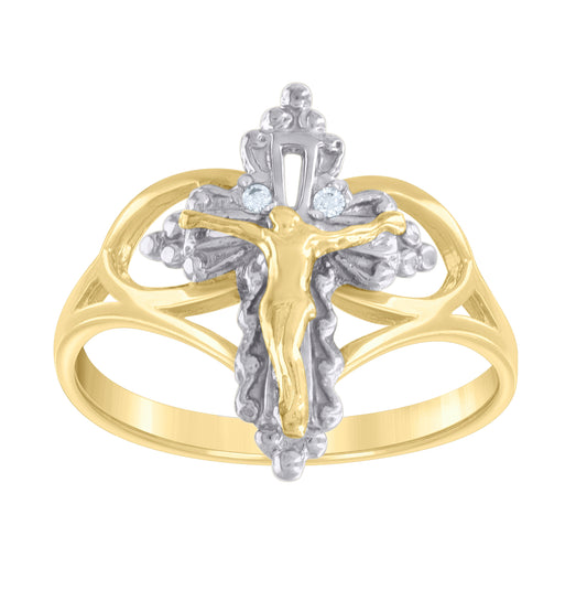 14K Two-tone Gold Womens Cubic-Zirconia Crucifix Cross Religious Ring