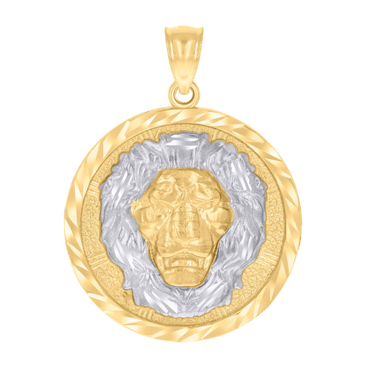14K Two-tone Gold Mens Lion Head Animal Wildlife Pendant