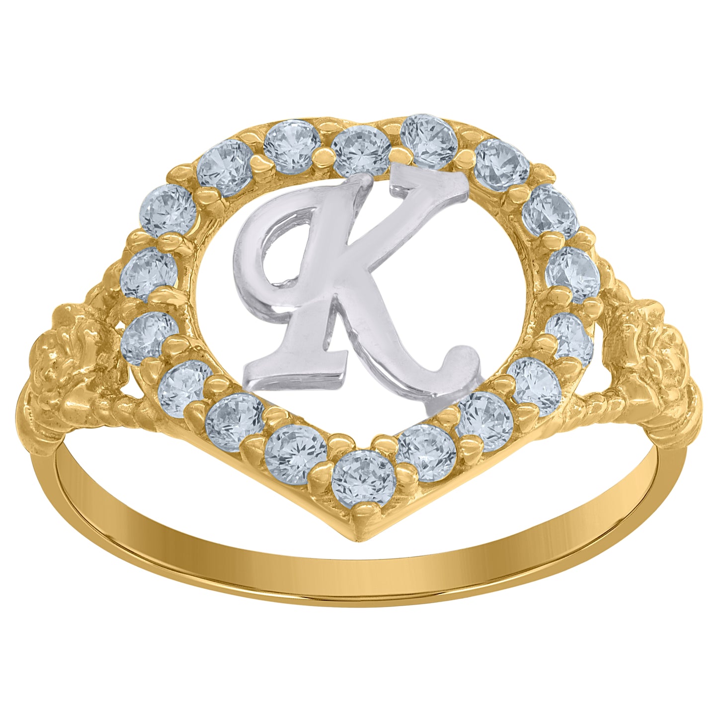 10K Two-Tone Gold Womens Cubic Zirconia Polished Finish Heart Shape Letter Initial Bridal Anniversary Engagement Wedding Ring