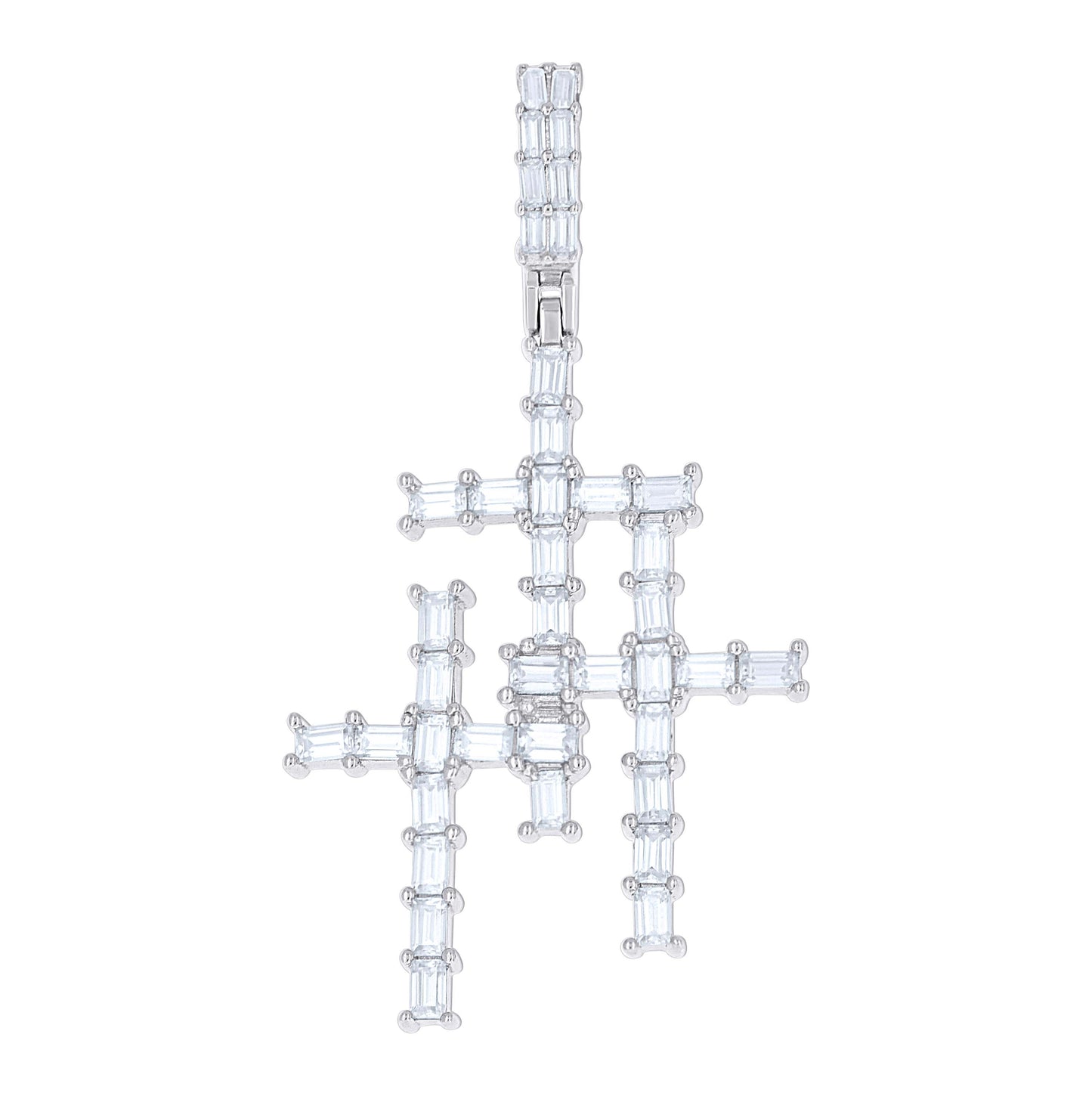 Sterling Silver Mens Baguette Moissanite Triple Cross Religious Charm Pendant