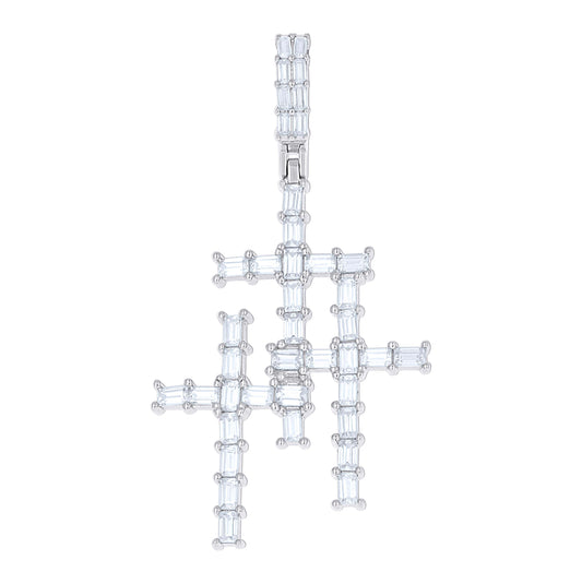 Sterling Silver Mens Baguette Moissanite Triple Cross Religious Charm Pendant