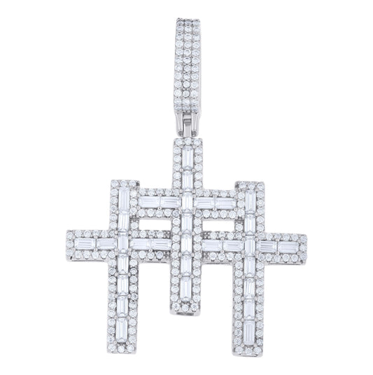 Sterling Silver Mens Round Baguette Moissanite Triple Cross Religious Charm Pendant