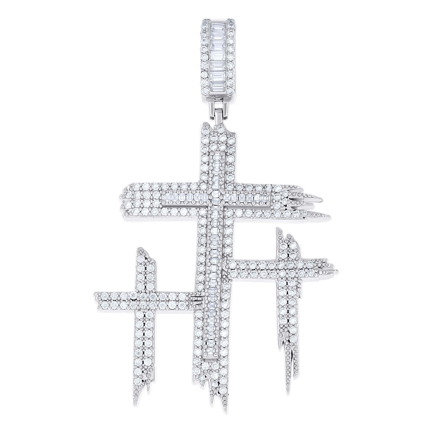 Sterling Silver Mens Round Baguette Moissanite Triple Cross Religious Charm Pendant