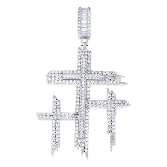 Sterling Silver Mens Round Baguette Moissanite Triple Cross Religious Charm Pendant