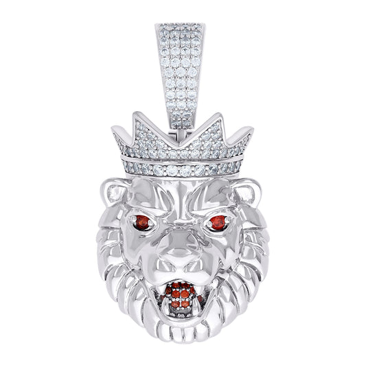 Sterling Silver Mens White Red Moissanite Leo/Lion Head Wildlife Charm Pendant