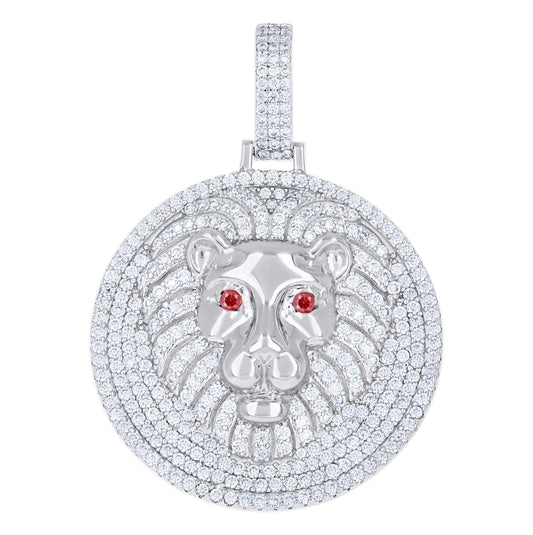 Sterling Silver Mens White Red Moissanite Leo/Lion Head Wildlife Charm Pendant