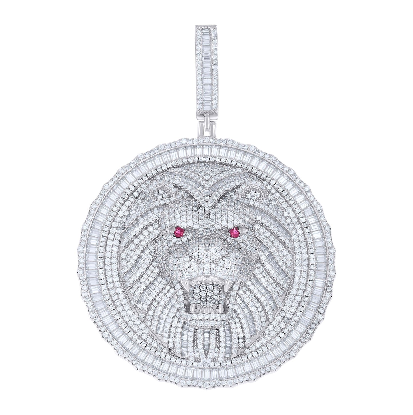 Sterling Silver Mens Round Baguette White Purple Moissanite Leo/Lion Head Wildlife Charm Pendant