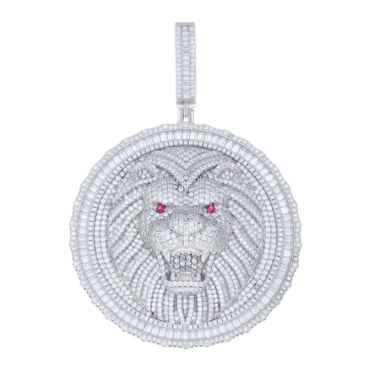Sterling Silver Mens Round Baguette White Purple Moissanite Leo/Lion Head Wildlife Charm Pendant