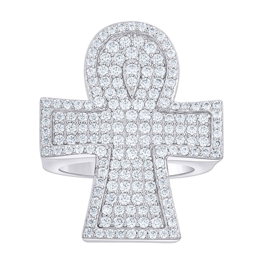 Sterling Silver Mens Moissanite Ankh Cross Religious Bridal Anniversary Wedding Engagement Band Ring