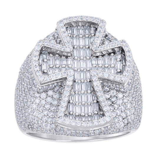 Sterling Silver Mens Baguette Round Moissanite Cross Religious Bridal Anniversary Wedding Engagement Band Ring