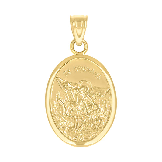 14K Yellow Gold Unisex Oval Medallion St. Michael Religious Pendant