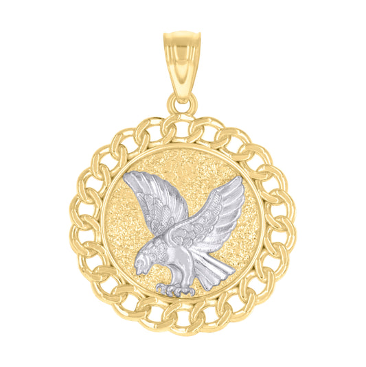 14K Two-tone Gold Unisex Cuban Border Patriotism Eagle Bird Wildlife Pendant