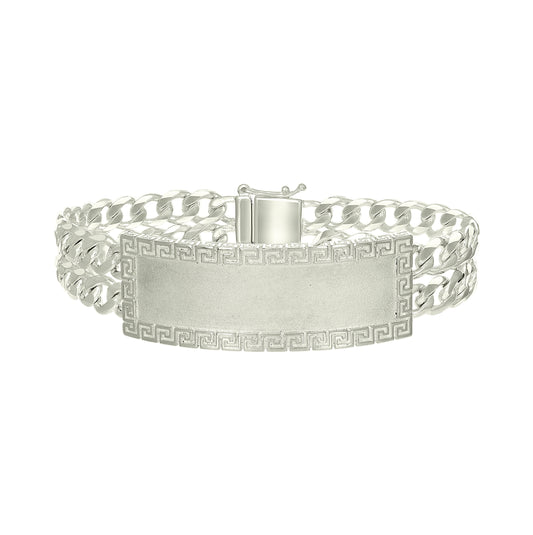 Sterling Silver Mens Cuban Link Greek Key ID Bracelet Size 8 Inches