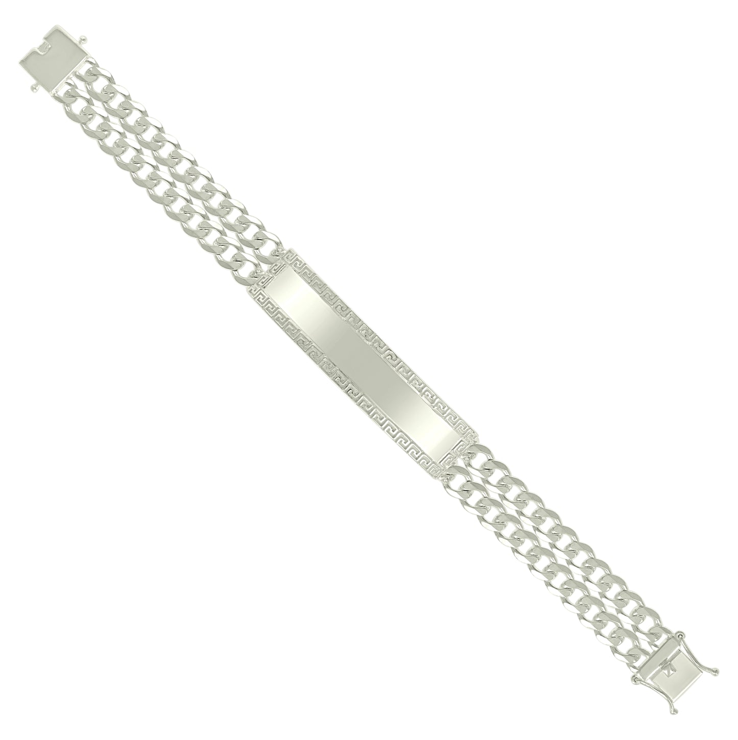 Sterling Silver Mens Cuban Link Greek Key ID Bracelet Size 8 Inches