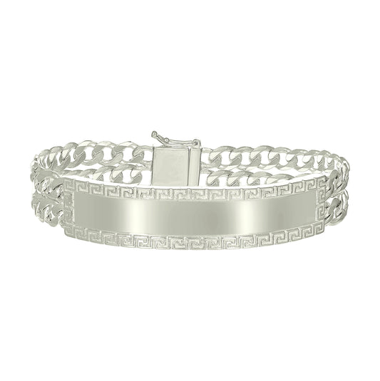 Sterling Silver Mens Cuban Link Greek Key ID Bracelet Size 8 Inches
