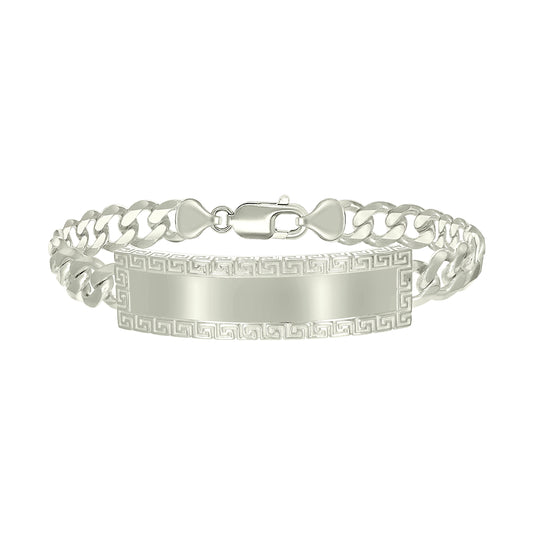 Sterling Silver Mens Cuban Link Greek Key ID Bracelet Size 8 Inches