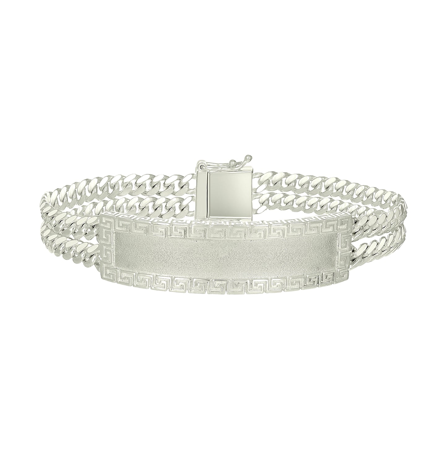 Sterling Silver Mens Cuban Link Greek Key ID Bracelet Size 8 Inches