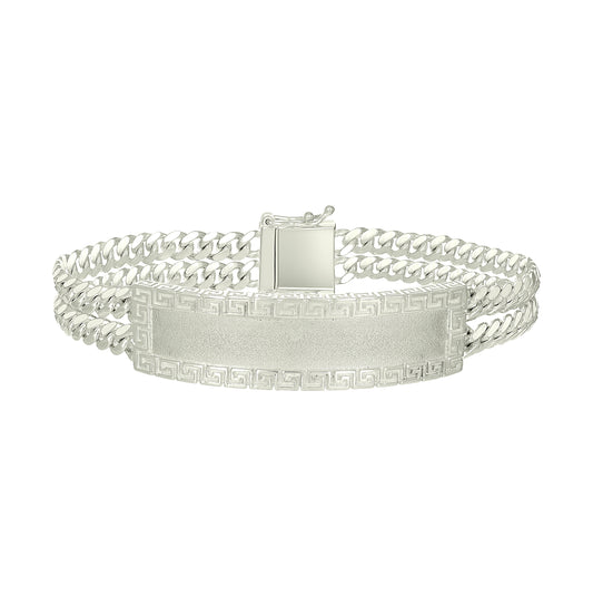 Sterling Silver Mens Cuban Link Greek Key ID Bracelet Size 8 Inches