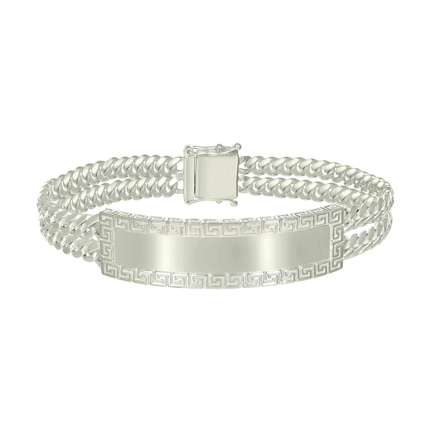 Sterling Silver Mens Cuban Link Greek Key ID Bracelet Size 8 Inches