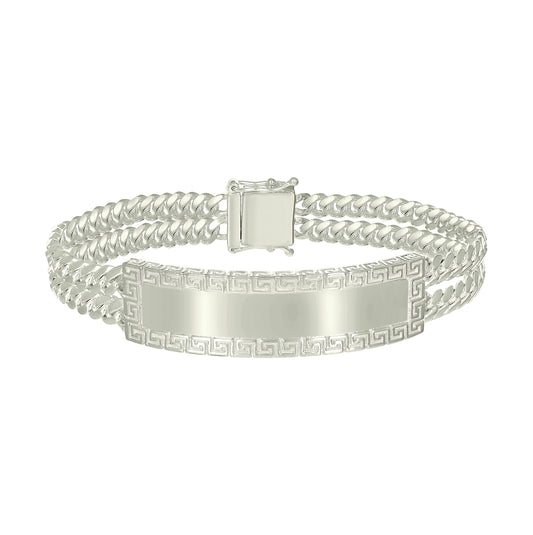 Sterling Silver Mens Cuban Link Greek Key ID Bracelet Size 8 Inches