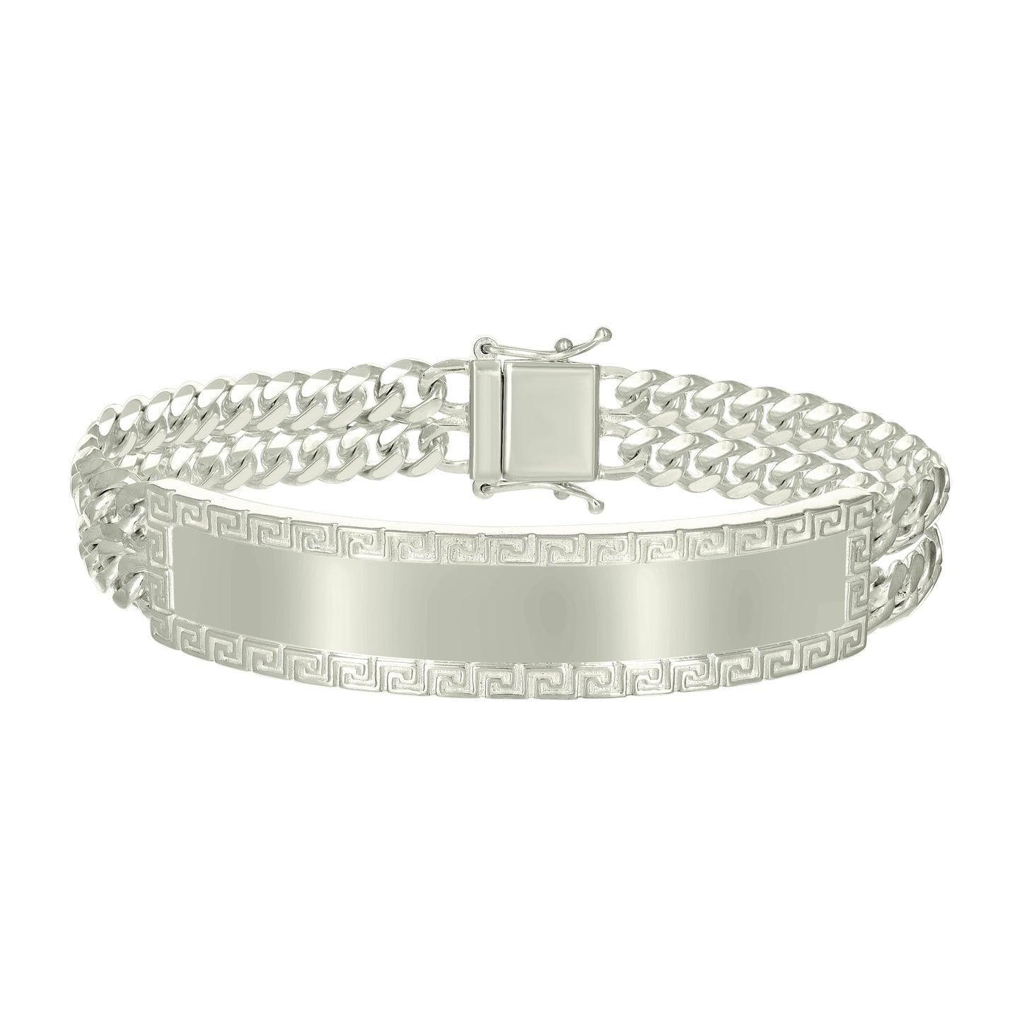 Sterling Silver Mens Cuban Link Greek Key ID Bracelet Size 8 Inches