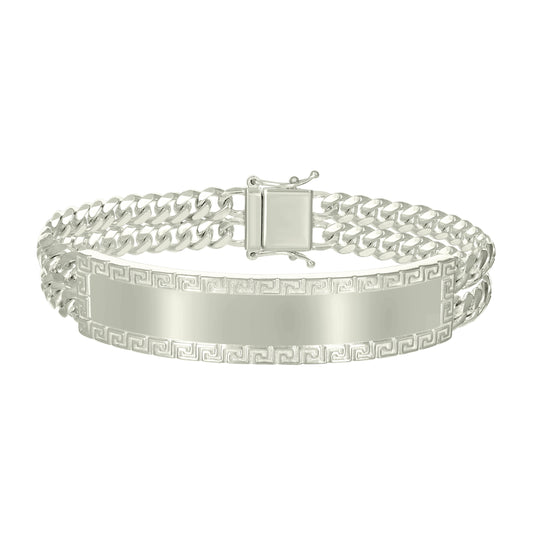 Sterling Silver Mens Cuban Link Greek Key ID Bracelet Size 8 Inches