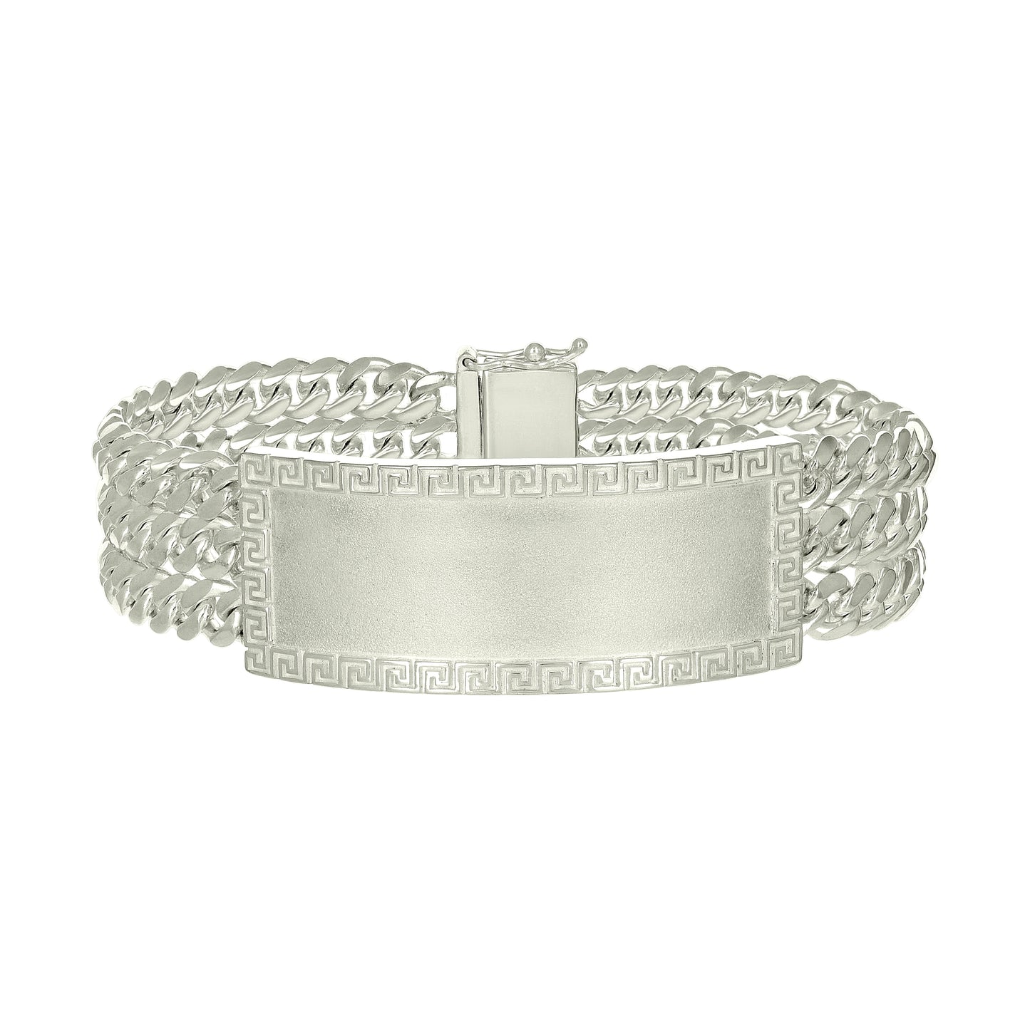 Sterling Silver Mens Cuban Link Greek Key ID Bracelet Size 8 Inches