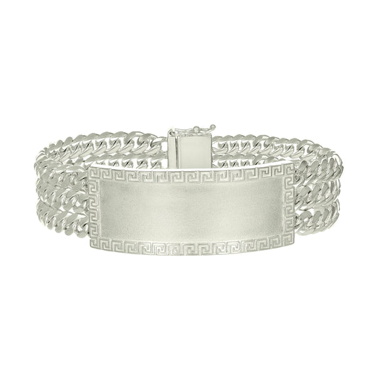 Sterling Silver Mens Cuban Link Greek Key ID Bracelet Size 8 Inches