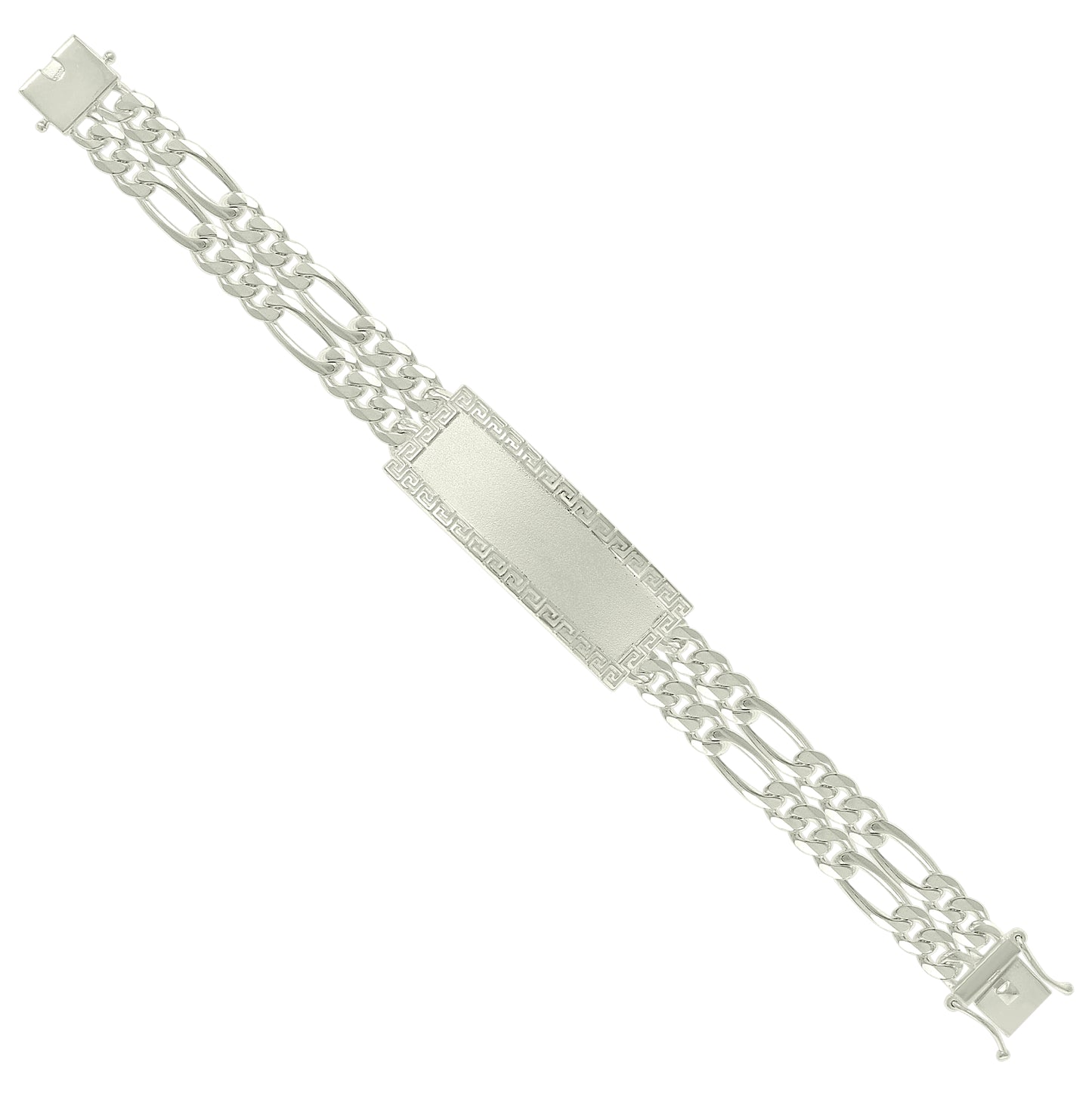 Sterling Silver Mens Figaro Link Greek Key ID Bracelet Size 8 Inches