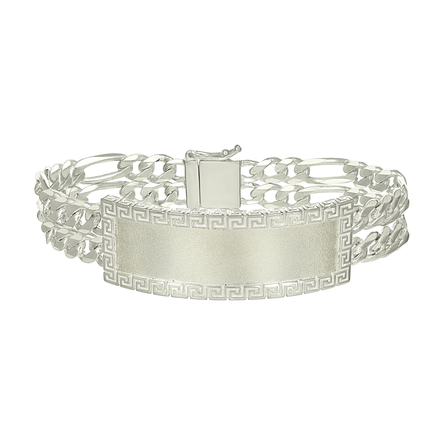 Sterling Silver Mens Figaro Link Greek Key ID Bracelet Size 8 Inches