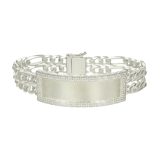 Sterling Silver Mens Figaro Link Greek Key ID Bracelet Size 8 Inches