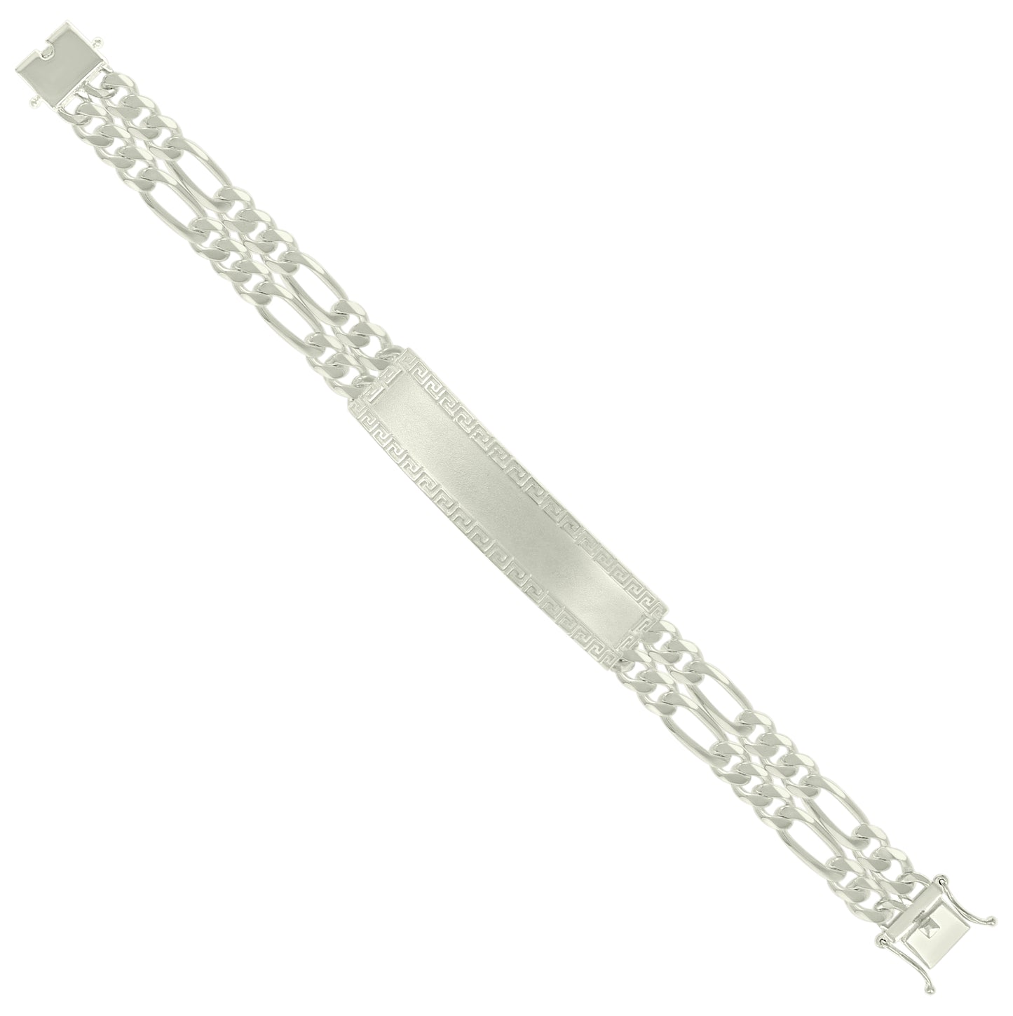 Sterling Silver Mens Figaro Link Greek Key ID Bracelet Size 8 Inches