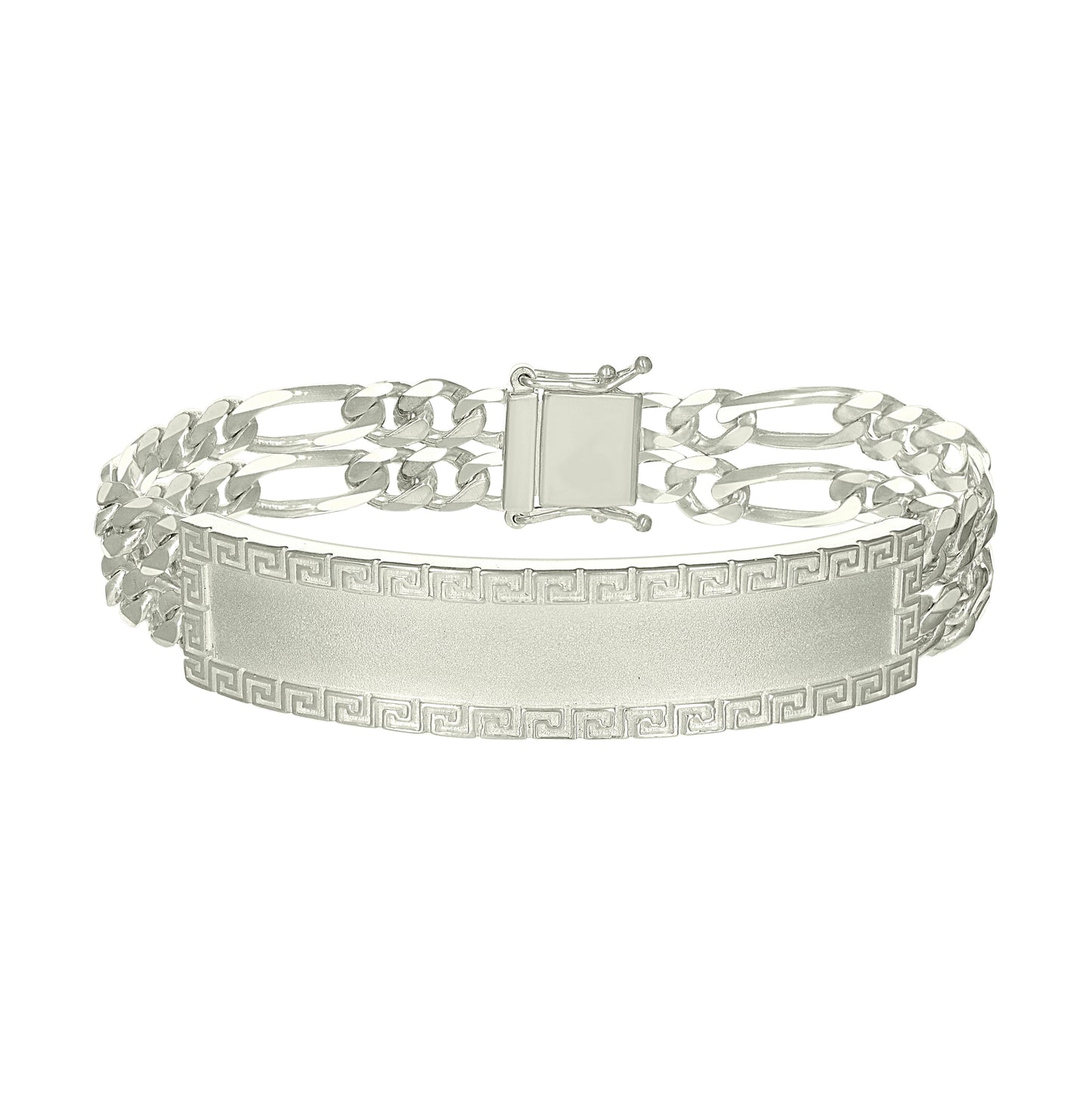 Sterling Silver Mens Figaro Link Greek Key ID Bracelet Size 8 Inches