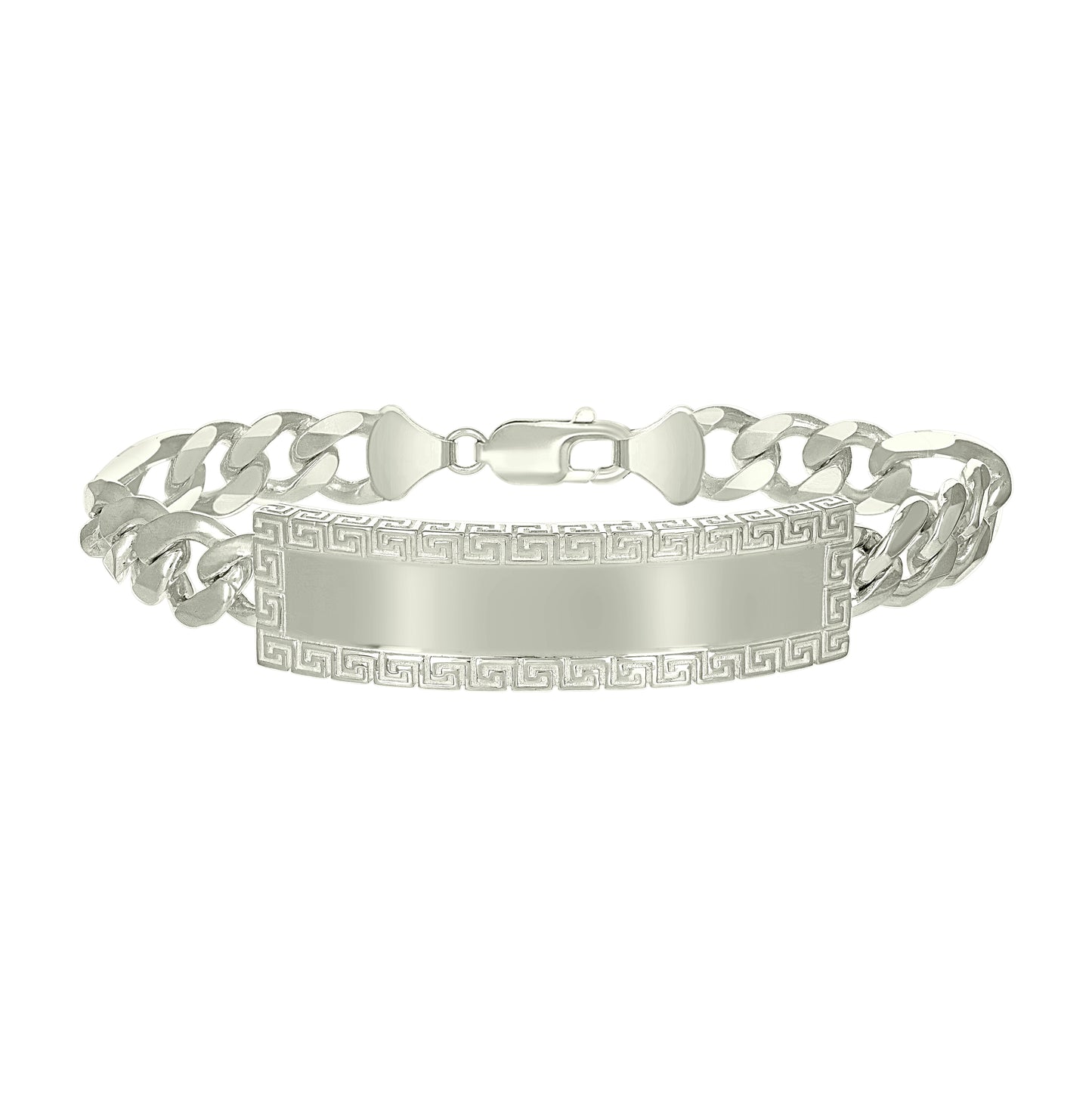 Sterling Silver Mens Cuban Link Greek Key ID Bracelet Size 8 Inches