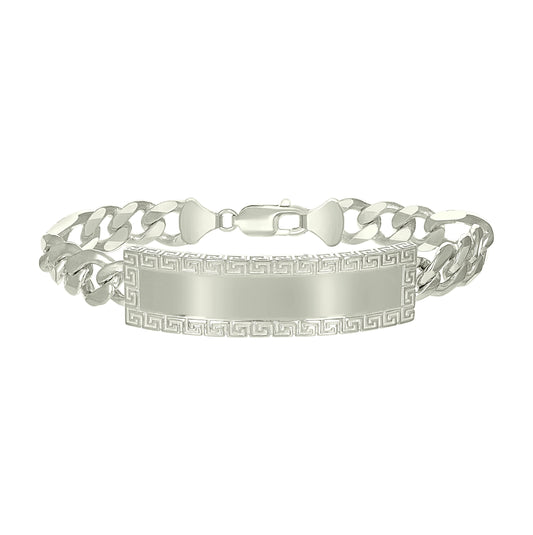 Sterling Silver Mens Cuban Link Greek Key ID Bracelet Size 8 Inches