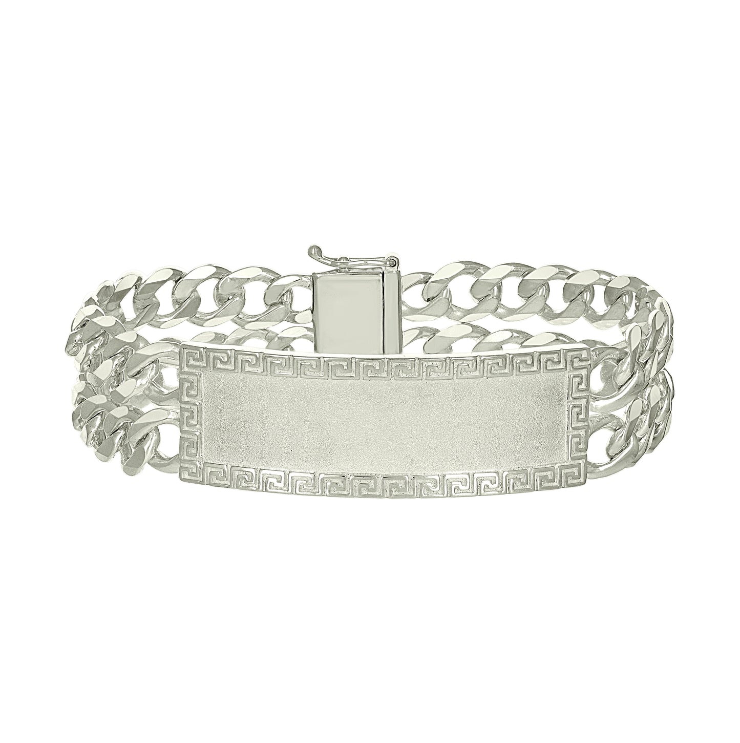 Sterling Silver Mens Cuban Link Greek Key ID Bracelet Size 8 Inches