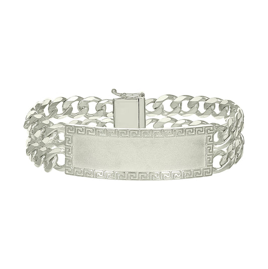 Sterling Silver Mens Cuban Link Greek Key ID Bracelet Size 8 Inches