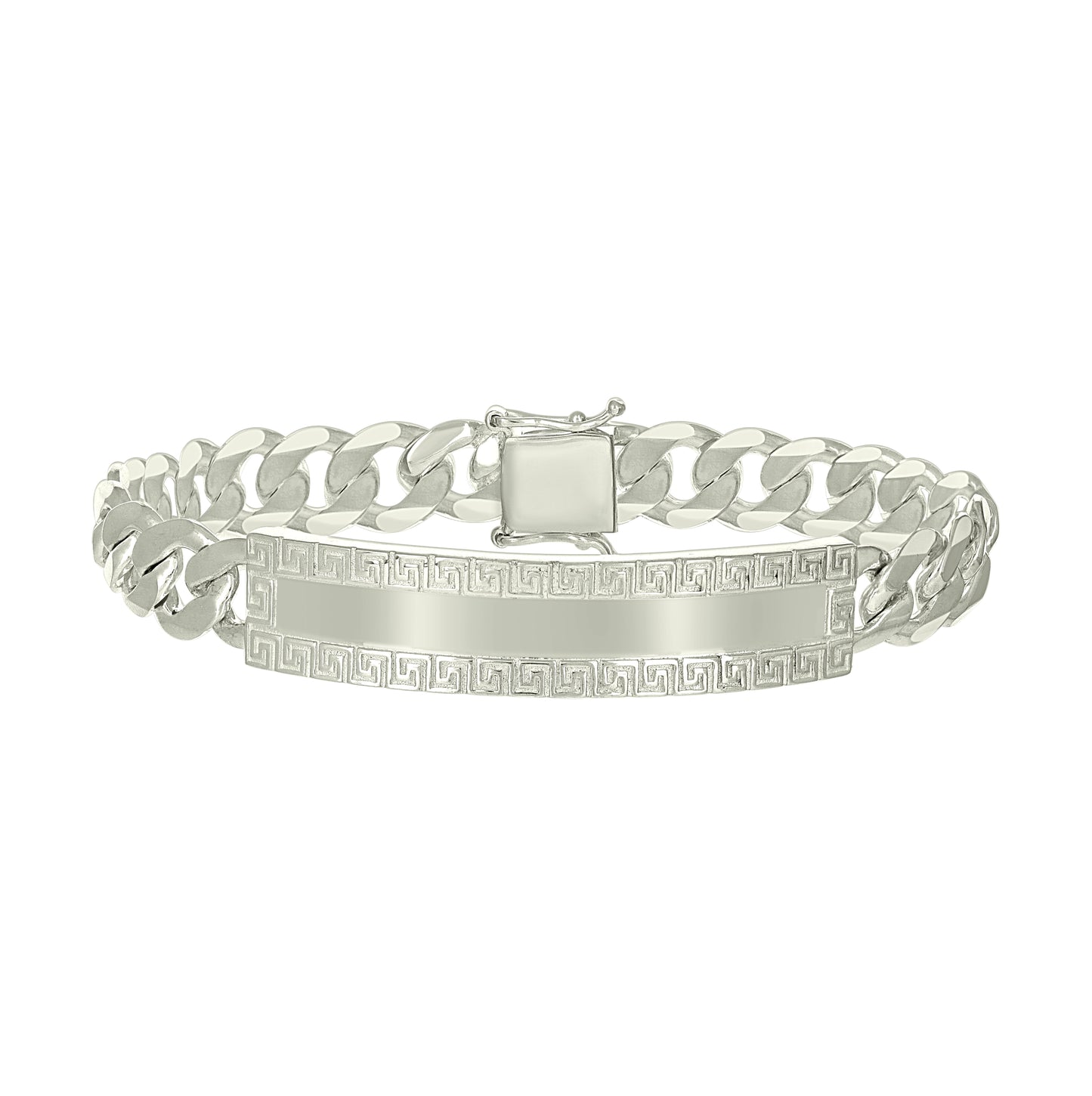 Sterling Silver Mens Cuban Link Greek Key ID Bracelet Size 8 Inches