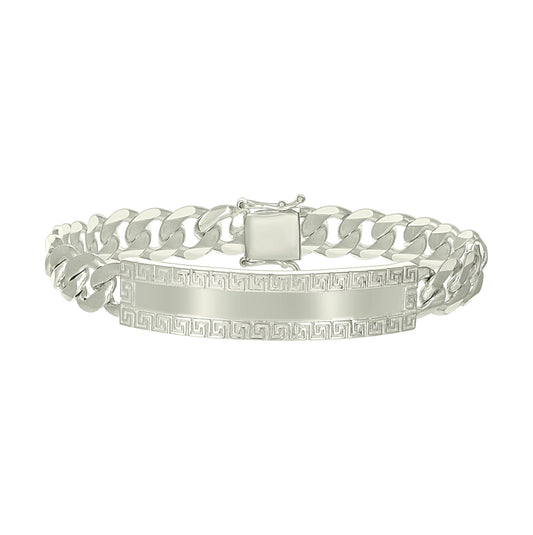 Sterling Silver Mens Cuban Link Greek Key ID Bracelet Size 8 Inches