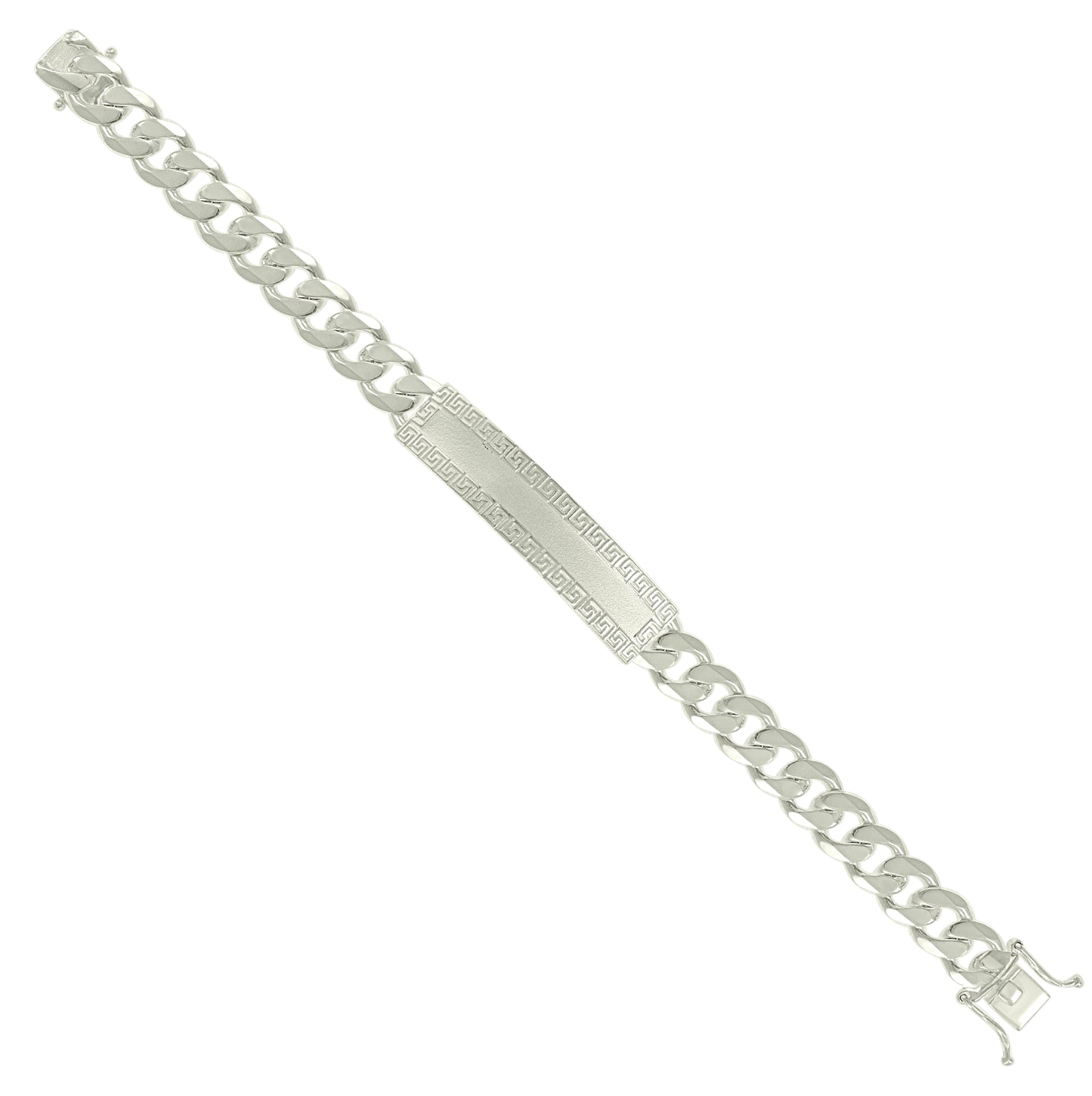 Sterling Silver Mens Cuban Link Greek Key ID Bracelet Size 8 Inches
