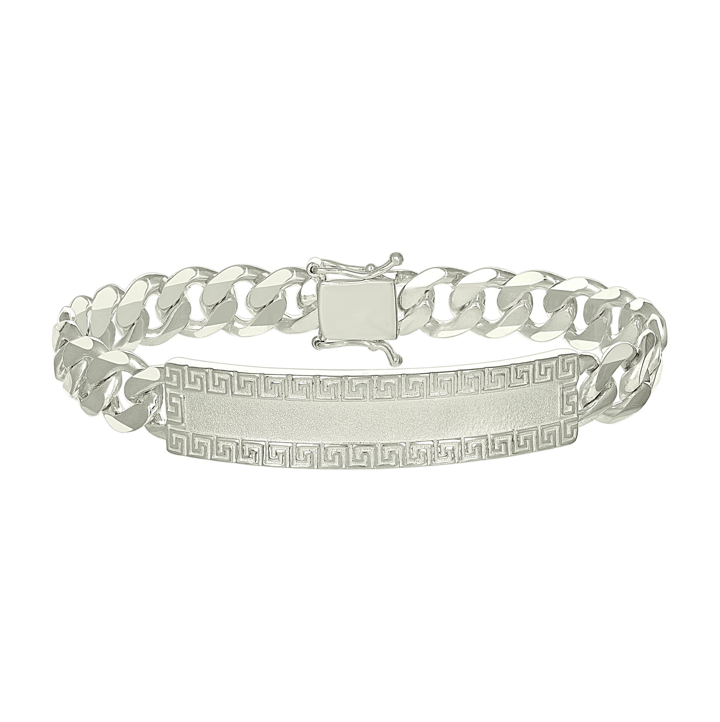 Sterling Silver Mens Cuban Link Greek Key ID Bracelet Size 8 Inches