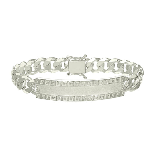 Sterling Silver Mens Cuban Link Greek Key ID Bracelet Size 8 Inches